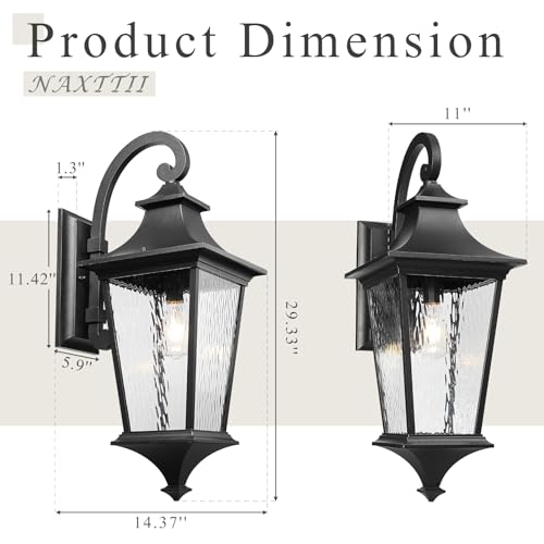 Image of Black Outdoor Wall Light 29.3 Inch Large Aluminum Exterior Lighting Fixtures with Water Ripple Glass Waterproof Porch Lights Outdoor for Patio Doorway E26 Socket