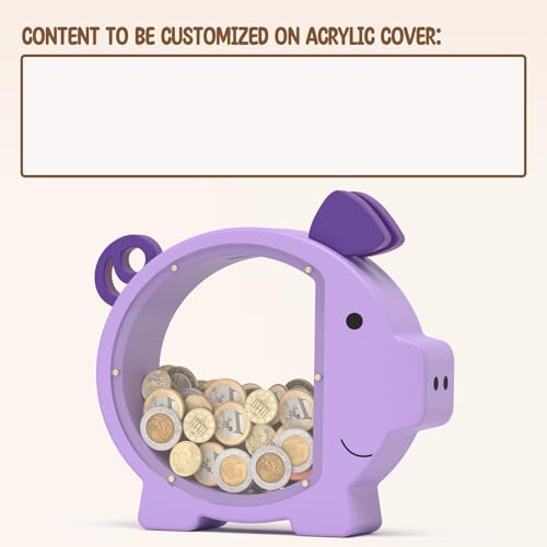Image of Piggy Bank for Kids Girls,Purple Kids Piggy Bank with Creative DIY Stickers | Large Wooden Clear Coin Bank, Birthday & Toddlers Gifts, Personalized Money Box Toys for Child Cute Room Christmas Decor