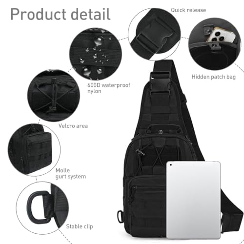 Image of GUSTAVE Sling Bag for Men - Durable Oxford Cloth, 3 Zipper Compartments, Quick Release Shoulder Strap, Multi D-Ring Attachments, Versatile for Hiking, Riding, Commuting, Black