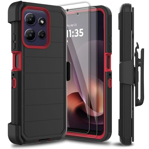Coque Motorola Moto G Power 2026 noire et rouge avec protège-écran verre et clip