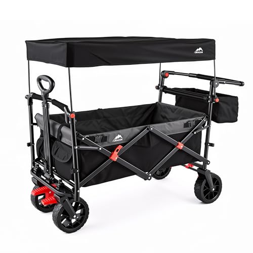 Image of Foldable Wagons with Removable Canopy, Seat Belts, Reversible Handlebar, Removable Canopy, 220lbs Weight Capacity, Folding Wagon for Ages 1+ Years Suitable for Family Travel, Cargo,Gift