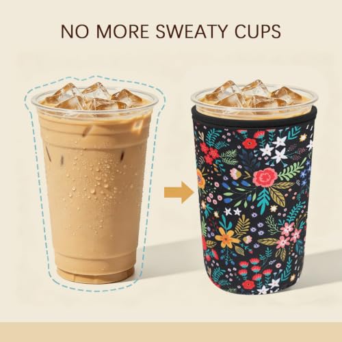 Image of Insulated Neoprene Cup Sleeve for Iced Coffee & Cold Soda - Reusable & Sweatproof, Keeps Drinks Cold Longer, Coffee Coolie for Hot & Iced Drinks (Little Floral, Large: 32oz)