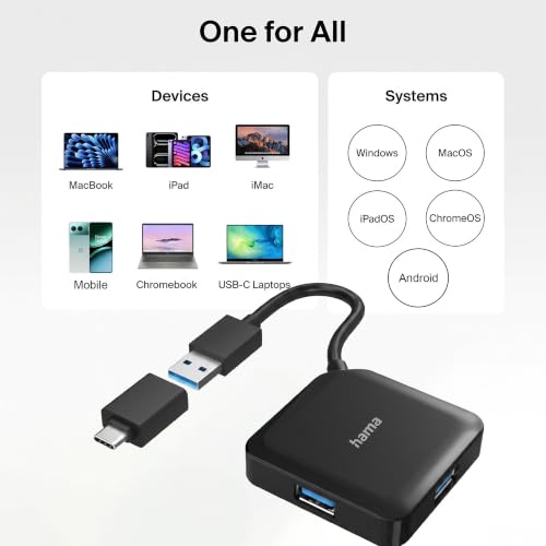 Image of Hama 4-in-1 USB 3.2 Hub - 4-Port USB-A Splitter | with USB-C Adapter, 5Gbps Fast Data Transfer, Plug & Play Expander for Laptop, MacBook, PC & Type-C Devices 5 Years Warranty