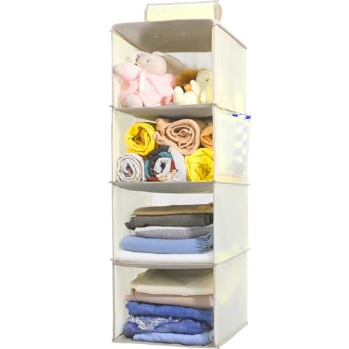 YRCBEHFU 吊り下げ収納 衣類ラック クローゼット 収納吊り下げ 【最新竹製天然版】大容量 帽子/鞄 収納ラック 取付簡単 折り畳み式 旅行/出張 ベージュ 4段