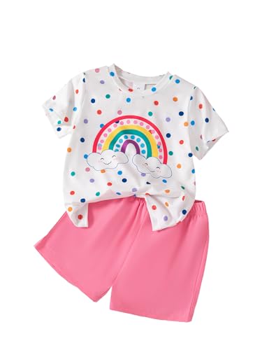 Image of Toddler Summer Outfits for Girls Cute Graphic Crewneck Top T-Shirt & Biker Shorts Set 2 Piece Tracksuit