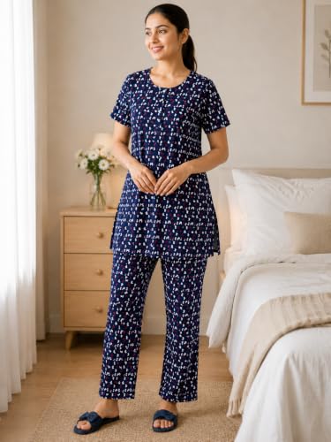 Image of KIAWAH Women Printed Night Suit Set, Cotton Blend Night Suit, A-Line Top and Pajama Set, Soft and Breathable Night Wear