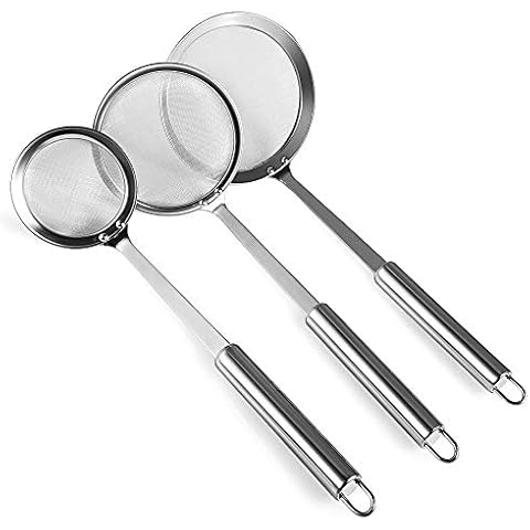 Picowe 3 Pack Skimmer Spoon Stainless Steel Hot Pot Fat Fine Mesh Skimming Grease and Foam Strainer Oil Filter Cooking Mesh Food Strainer - Length 9.5”, Diameter 3” 4” 4.5” Cover