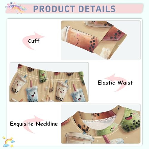 Pajama Sets Long Sleeve Cute Bubble Tea Pattern Soft Comfy Sleepwear 2 Piece PJS 3-8T4