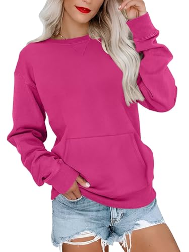 Ovanviso Womens Crewneck Sweatshirts with Pocket Trendy Fashion Pullover Loose Fit Long Sleeve Tops 2026 Hot Pink