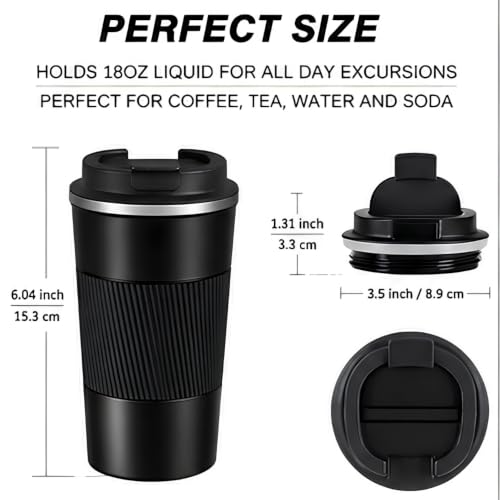 Image of Travel Coffee Mug | Stainless Steel Coffee Mug with Leakproof Lid | Thermal Coffee Cup for Hot & Cold Drinks | Spill Proof Reusable Travel Mug for Office, Car, Home & Travel (Black) - 510 ML