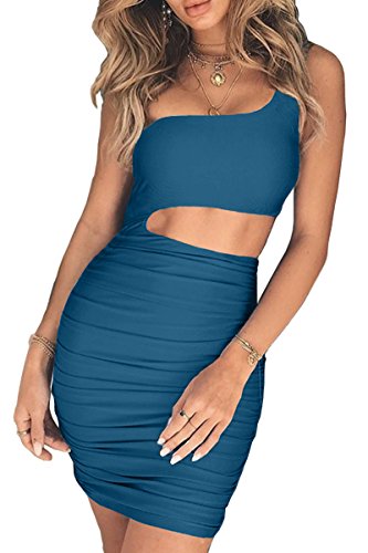 CHYRII Vestido feminino sexy de um ombro sem mangas com recorte franzido, Azul, Small
