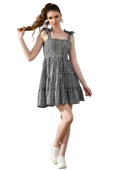 Image of Women's Gingham Checkered Summer Dress | Sleeveless A-Line Mini Dress with Shoulder Tie Straps & Button Front | Casual Picnic, Beach Wear