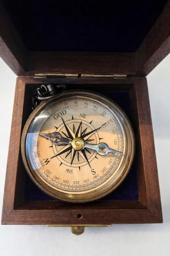 Brújula de latón con caja de madera, grabado Jeremías 29:11, acabado antiguo, 2 pulgadas, recuerdo de fe cristiana con cadena