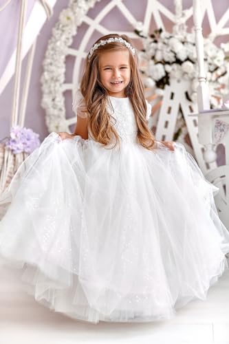 MCieloLuno Flower Girl Dresses for Wedding Bow-Knot Long Lace Tulle Princess First Communion Dresses for Kids Gilrs3