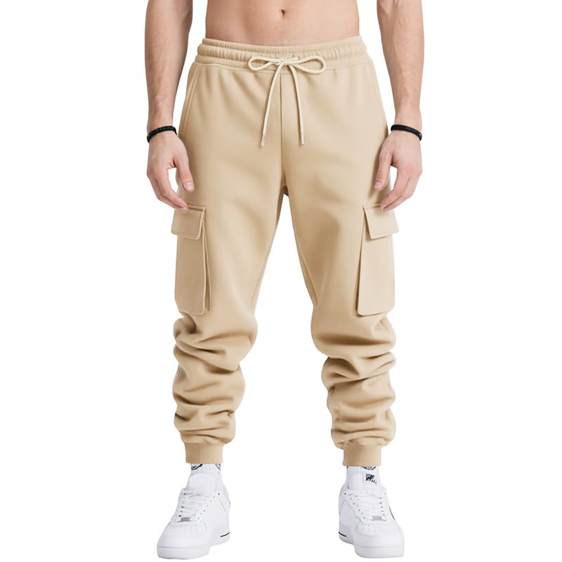 Men Autumn/Winter Solid Color Fashion Work Pants Elastic Waist Drawstring Sweatpants with Multi Pockets4