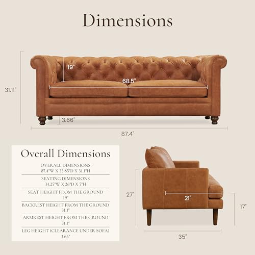 Image of POLY & BARK Lyon 87.4 inch Leather Sofa in Cognac Tan - Full-Grain Pure-Aniline Italian Leather, Deep Button Tufting, Rolled Arms and Espresso Wood Legs - Chesterfield Style for Elegant Living Rooms