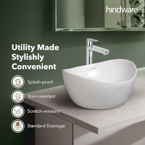 Image of Hindware Dew Table Top Wash Basin for Bathroom | Made of Ceramic | Star White | Oval Shape | Over the Counter Basin