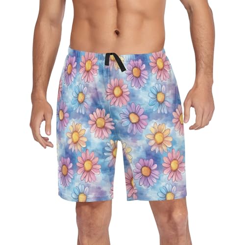 Men's Pajama Shorts Watercolor Daisy Sleep Shorts for Men Pajama Bottom Pants with Drawstring & Pockets S
