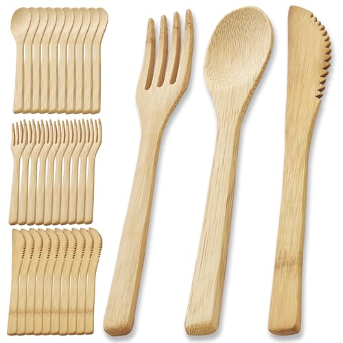 Wuhonghao Juego de cubiertos de bambú, vajilla de camping, 30 piezas, 10 cucharas de...