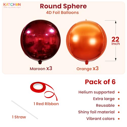 Image of Katchon, Large Metallic Maroon and Orange Foil Balloons -22 Inch-Pack of 6 | Fall Decorations For Home | Thanksgiving Balloons | Thanksgiving Decorations | 4D Foil Balloon Orange, Red Party Decoration
