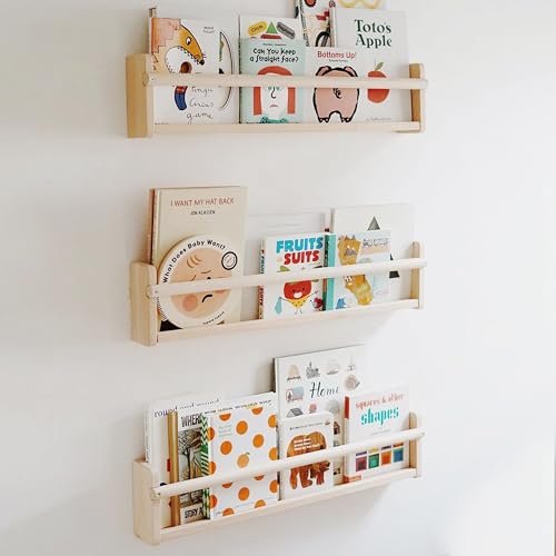 Image of Decazone Nursery Wall Shelves Set of 3, Solid Pine Wood Floating Bookshelves for Kids Room, Bathroom, Kitchen & Living Room - Multipurpose Wall Storage & Display Rack (Natural Finish)