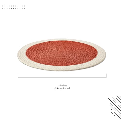 Image of Dining Table Mats Set of 4 | Cotton Table Mat 32 cm Diameter, Encasa XO Washable Round Table Mats, Heat Resistance Dining Table Placemats, Handmade Ribbed Style for Centre Table, Coral & Off White