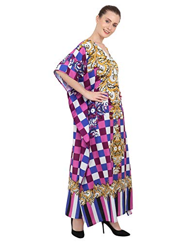 Image of Miss Lavish London Purple Floral Kaftan Dress for Women V Neck Batwing Sleeve Maxi Beach Cover Up, Ethnic Rose Print Plus Size Caftan with Side Slits & Pockets, Resort Wear Swimsuit-Purple-2XL
