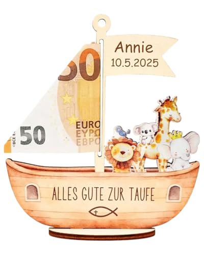 JUKOTA Presentes originais de batismo para meninos e meninas, presente de dinheiro para batismo, presentes personalizados para bebé, nascimento, batismo, presente de dinheiro, arca de Noé, madeira DIY