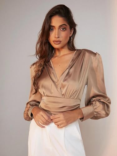 Image of KOTTY Womens Satin Full Sleeves Solid Regular Fit Top