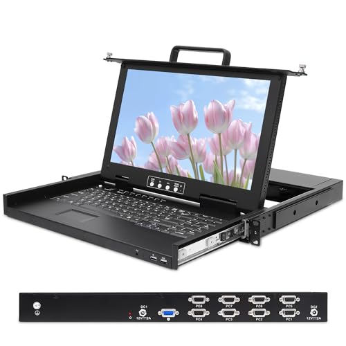 Rack Mount KVM Console for 24-Inch Deep Server Cabinet, 1U Rackmount Drawer with Monitor and Keyboard, FHD 1920x1080, 8 Port VGA KVM Switch, Dual Power Redundancy,OSD Hotkey Button Switching