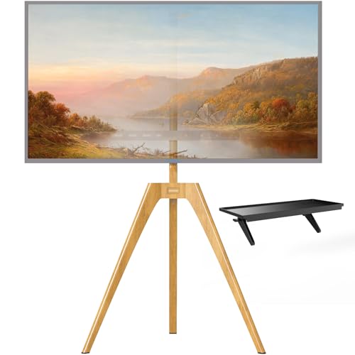 PUTORSEN Easel TV Stand Tripod for Universal TV 45-65 inch Solid Wood TV Floor Mount Stand with Media Shelf Height Adjustable and Swivel TV Stand Support up to 88l Max VESA 400x400mm