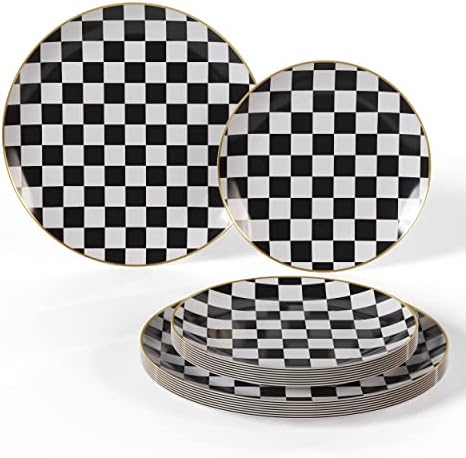 Trendables Checkered Disposable Plates Set For 20 People | 40 Pcs | Plastic Wedding Plates Checkered With Gold Rim | Heavy Duty Fancy Black And White Checkered Plastic Plates With Gold Rimmed Edge