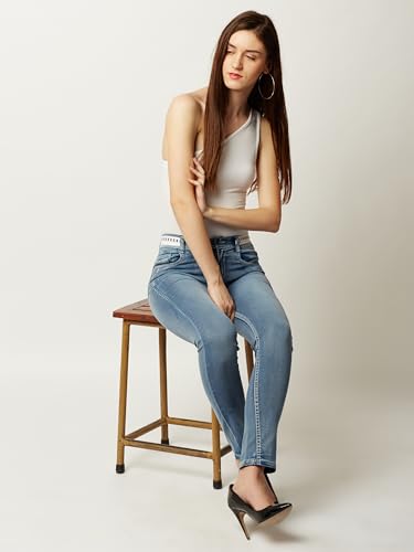 Image of Miss Chase Women's Skinny High Rise Cropped Fringed Hemline Detailing Stretchable Denim Jeans