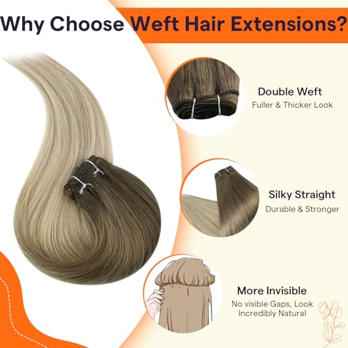 Image of Full Shine Weft Hair Extensions Human Hair 12 Inch 80G, Straight Hair Weft | Brown To Ash Blonde Mix Platinum Blonde, Ombre Sew In extensions, remy Human Hair, Balayage Styling