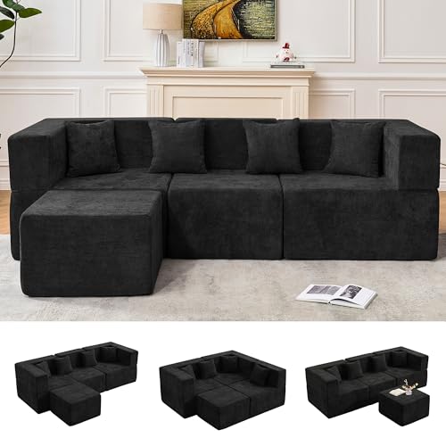 Image of MONVANE 103'' Modular Sectional Sofa, Comfy Chenille Cloud Couch with Ottoman, Modern Convertible L Shaped Couch with Deep Seat, Sectional Couches for Living Room, Bedroom and Apartment, Black
