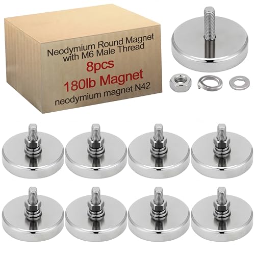 Image of Flutesan 8 Pieces Heavy Duty Round Mounting Magnet with Bolt 1.65in-180lb-M6 Silver with Male Thread Stud Strong Magnet Super Powerful for Lighting Camera Brackets License Plate
