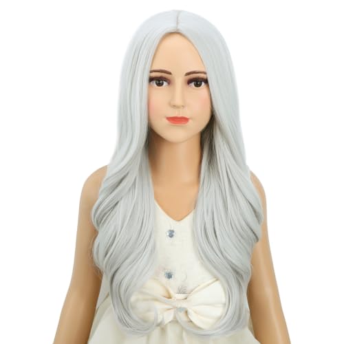 Image of Sliver Gray Wig Long Slive Grey Wavy Curly Wig Long Middle Part Wigs Heat Resistant Synthetic Wigs with Cap (Small Size)