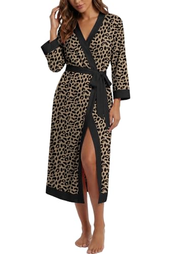 PrinStory Bademantel Damen Lang 3/4 Ärmeln Morgenmantel Leichter V-Ausschnitt Kimono Roben Nachtwäsche Mit Bund (Leopard Khaki L)