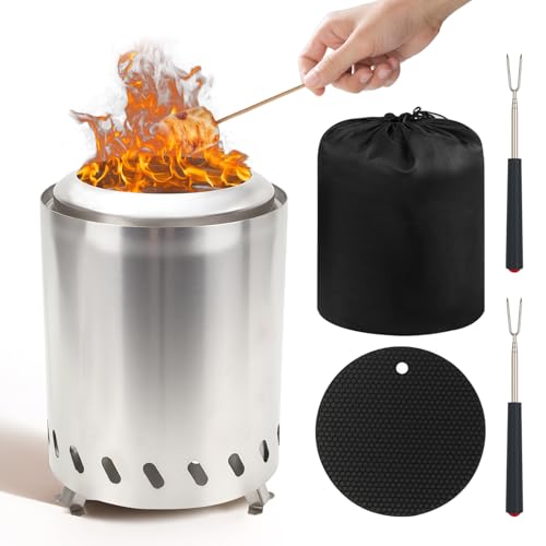 Qivine Bracere da Giardino, Senza Fumo Camino Bioetanolo in Acciaio Inox con Forchetta, Borsa di Stoccaggio e Tappetino, Portatile Braciere da Esterno per Interni, Giardino, Campeggio