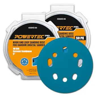 POWERTEC PRO 100PK, 5 Inch Sanding Discs Hook and Loop, 40 Grit, Ceramic Orbital Sander Sandpaper for 5 & 8 Hole Random Orbital Sanders - Automotive, Paint, Metal, Woodworking (45304C-50-P2)
