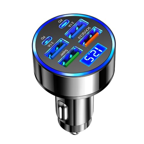 Car Charger USB C with LED Voltage Display,6 Ports PD and QC3.0 Car Cigarette Lighter Adapter for Phone Tablets Fans,Universal 12V/24V Cigarette Lighter USB Charger