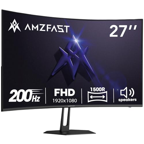 Amzfast 27 inch 200Hz Curved Gaming Monitor, FHD 1080p with Built-in Speakers, FreeSync, MPRT 1ms, 130% sRGB, 3000:1, 1500R, VESA Mount, HDMI 2.0&DP 1.4, 12 Months Warranty Exchange