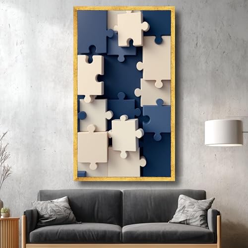 Tableau sur toile abstrait géométrique puzzle bleu et beige 21x30cm - 2