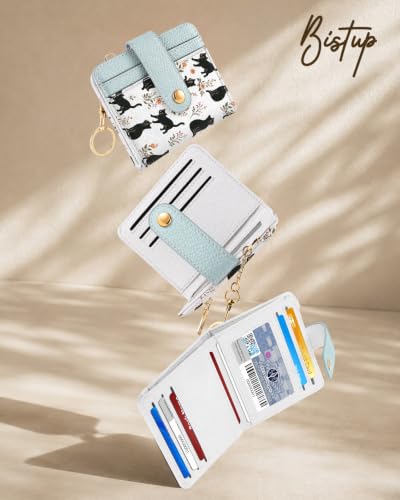Image of Bistup Small Card Wallet for Women with Keychain, Cat Pattern | durable material, clear ID window,, compact design for daily carry, sturdy keychain, aesthetic