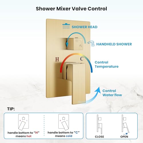 gotonovo Rainfall Bathroom Shower System Rain Shower Head and Handle Set Wall Mounted Shower Complete Combo Solid Brass Pressure Balancing Shower Mixer Valve 10 Inch Brushed Gold