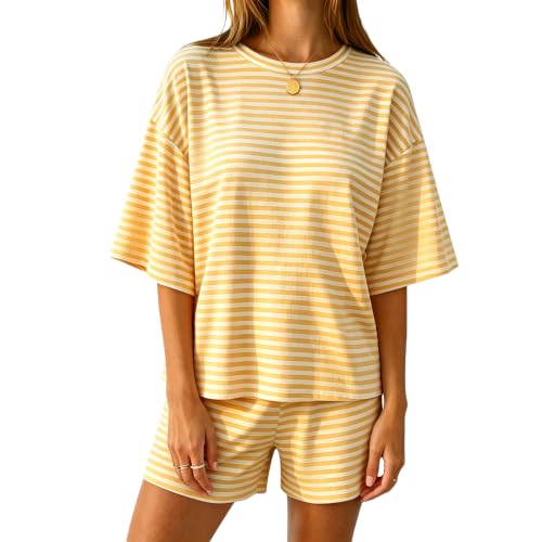 Image of RUEWEY Women Striped Pajama 3 /4 Sleeve Crew Neck Tops Shorts Lounge Set Pjs