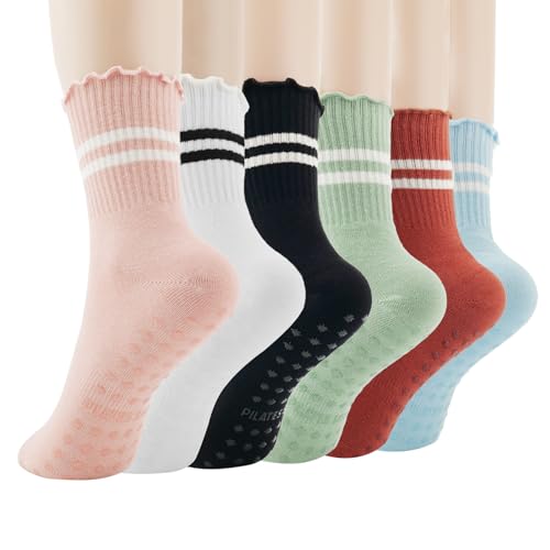 Nymmoata Calcetines de pilates con agarres para mujer, 6 pares de calcetines antideslizantes para yoga, ballet, baile, entrenamiento, Juego de 6 pares 1, 5-10