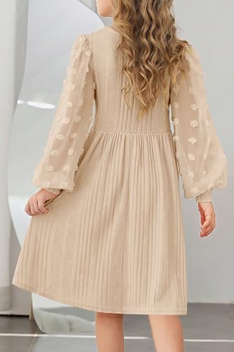 Girls Fall Lantern Sleeve Swiss Dot Crew Neck A-line Casual Swing Knit Dress with Pockets for 6-12 Years4