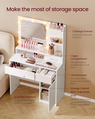 Image of VASAGLE 31.5-Inch Vanity Desk with Mirror and Lights, Power Outlets