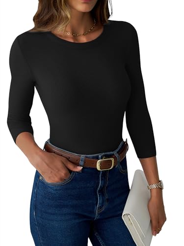 Womens 3/4 Sleeve Tops Ribbed Knit Slim Fitted Tight Shirts Crewneck Basic Tee Tshirt 2025 Fall Casual Outfits3